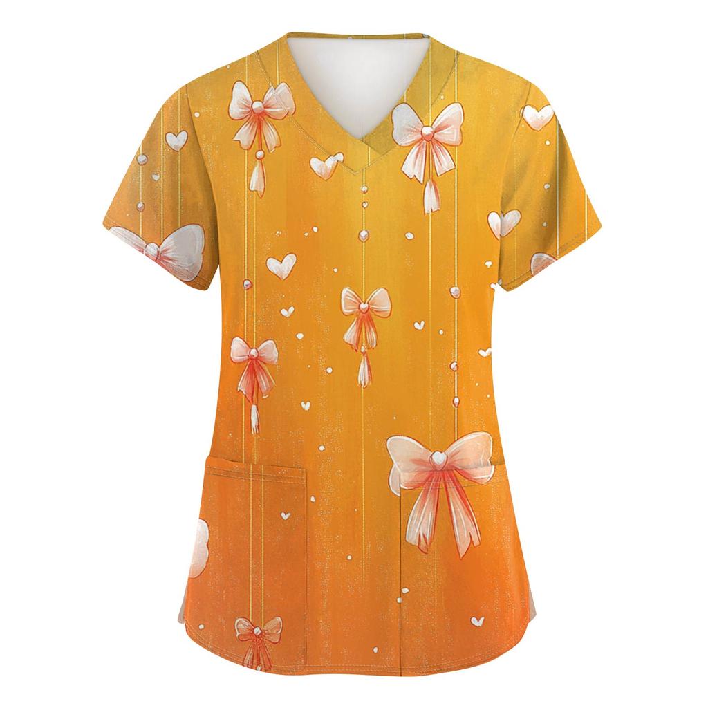 Women's Fashion V-Neck Short-Sleeved Workwear With Pockets Valentine's Day Printed Top Caregiver Uniform