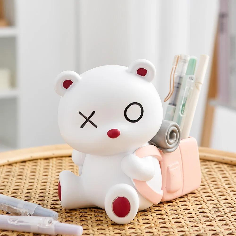 Creative Home Decor Bear Backpack Pen Container Study Desktop Ornament Office Accessories Resin Pen Storage Box Crafts Gift