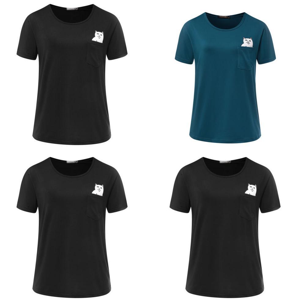 T-shirt Casual in Puro Cotone da Uomo con Stampa Gatto Cartone Animato Estate