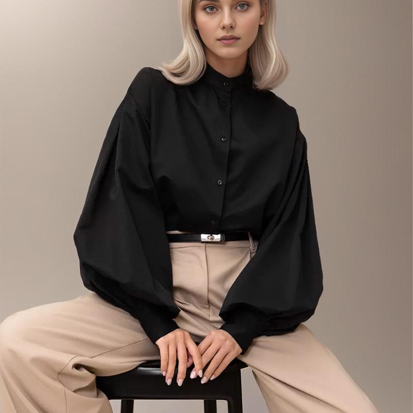 Spring European and American neutral minimalist style wildberries sexy lapel lantern sleeve cardigan shirt women's clothing