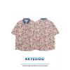 Unisex Retro Floral Patchwork Denim Collar Short-Sleeve Summer Shirt