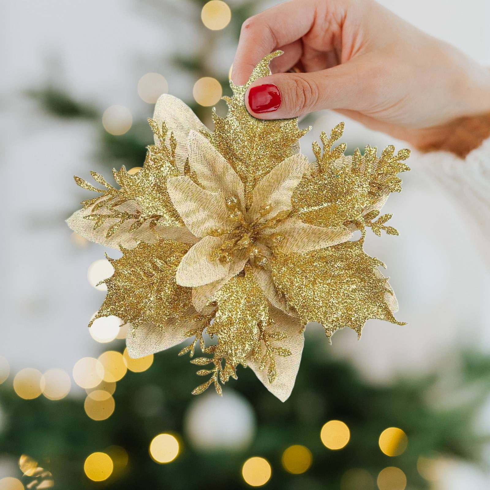 

Glitter Artificial Poinsettia Christmas OrnamentClip Flower For Tree, Garland, Gifts Cute Holiday Gift For Friends, Family, Colleagues One Size