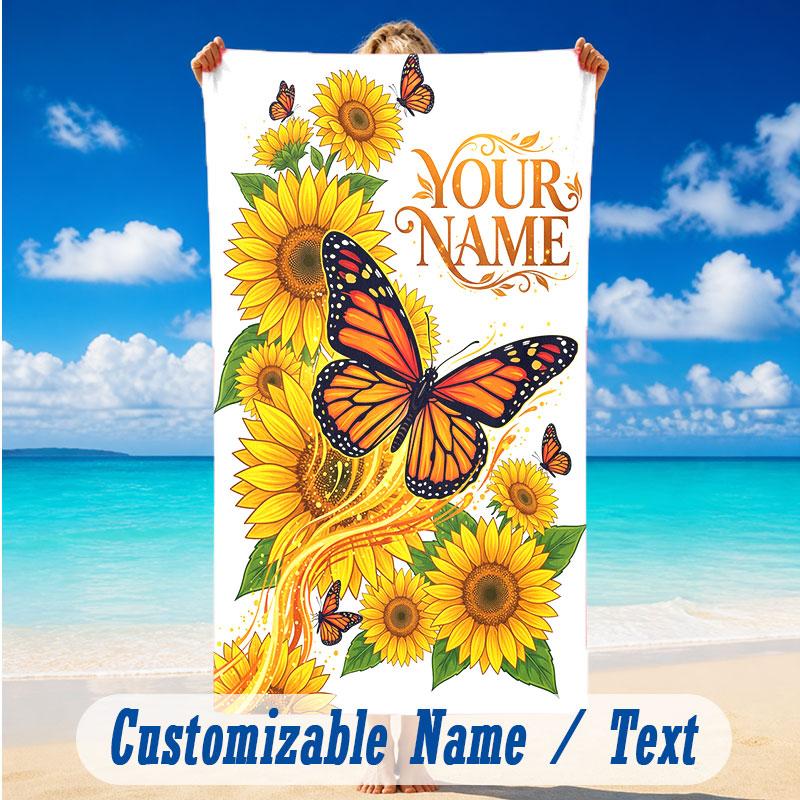 Butterfly Theme Beach Towel Personalized Custom Name & Text Soft Quick Dry Beach Towel for Swimming Travel