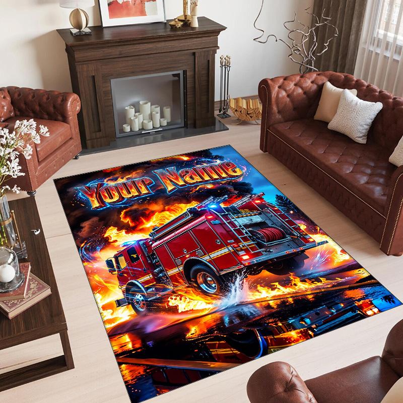 Fire Truck Theme Crystal Velvet Rug Personalized Custom Name Text Soft Floor Mat Home Decor