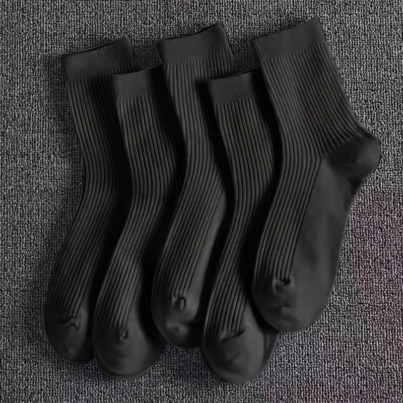 5 Pairs Women's Striped Socks, Solid Color Mid-Calf Versatile Spring Autumn Winter Models, Double-Needle Thickened Simple Solid Color Long Socks