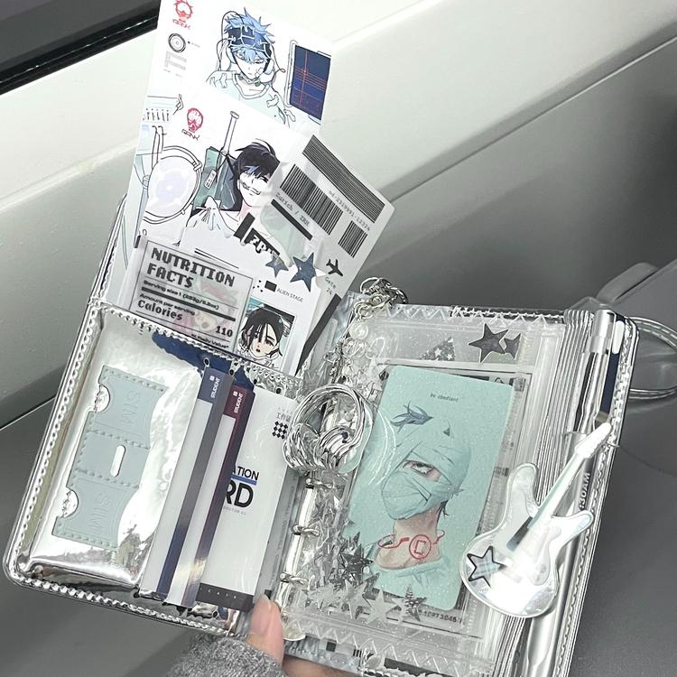 Shiny Silver A7 Photo Card Binder, Glossy PU Leather Journal Album for 3" K-Pop Idol Polaroid Collection Diary Planner