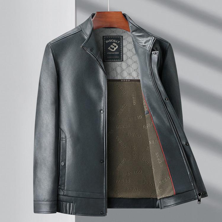 Brand Versatile Men's Stand Collar Leather Jacket, 2025 Spring/Autumn Collection - Cool Motorcycle Style for Mid-Aged and Young Men