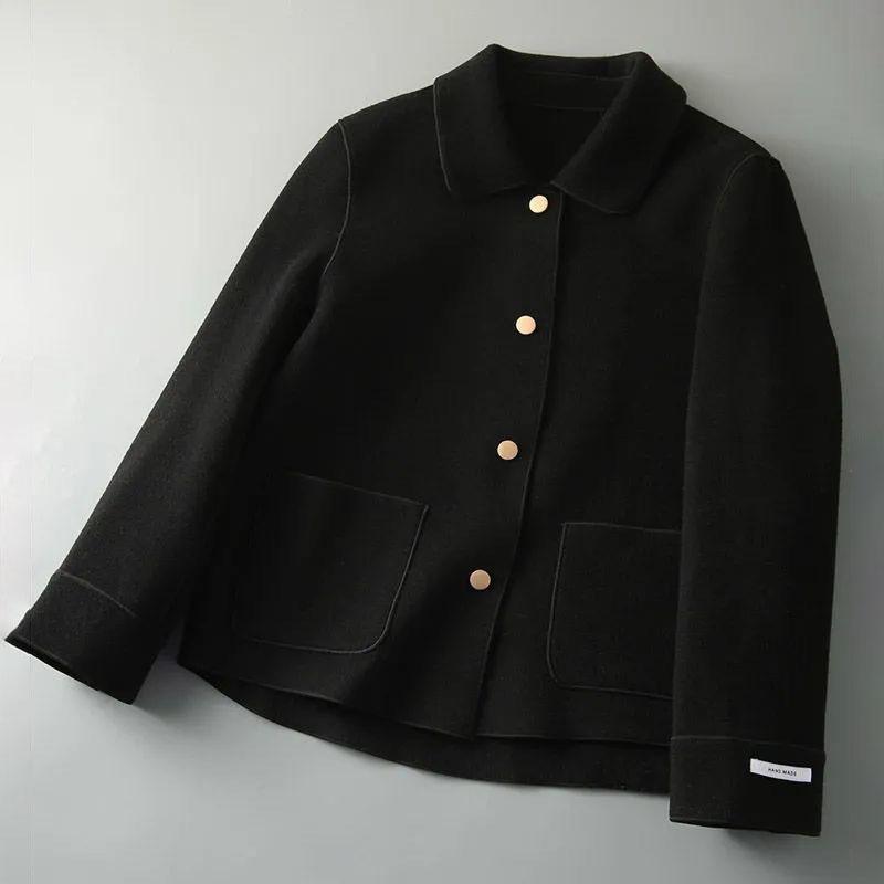 

Двостороннє пальто Жіноча коротка куртка з відкладним коміром, суцільний колір, однобортний ґудзик із довгими рукавами, простий повсякденний характер Harajuku Commut Весна та осінь M чорний