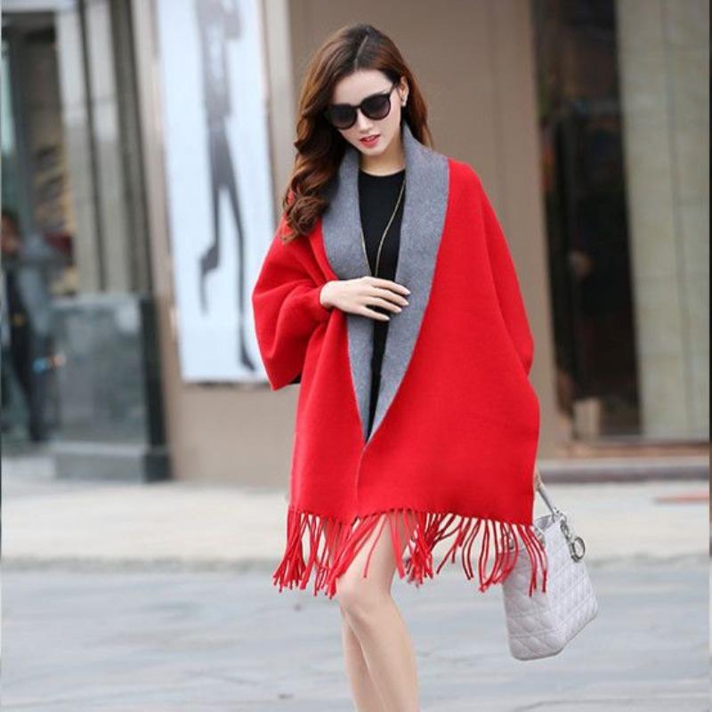

Шаль однотонный свитер с рукавами двухсторонняя вязка толстый шарф с кисточками осенне-зимняя накидка кардиган куртка one size красный