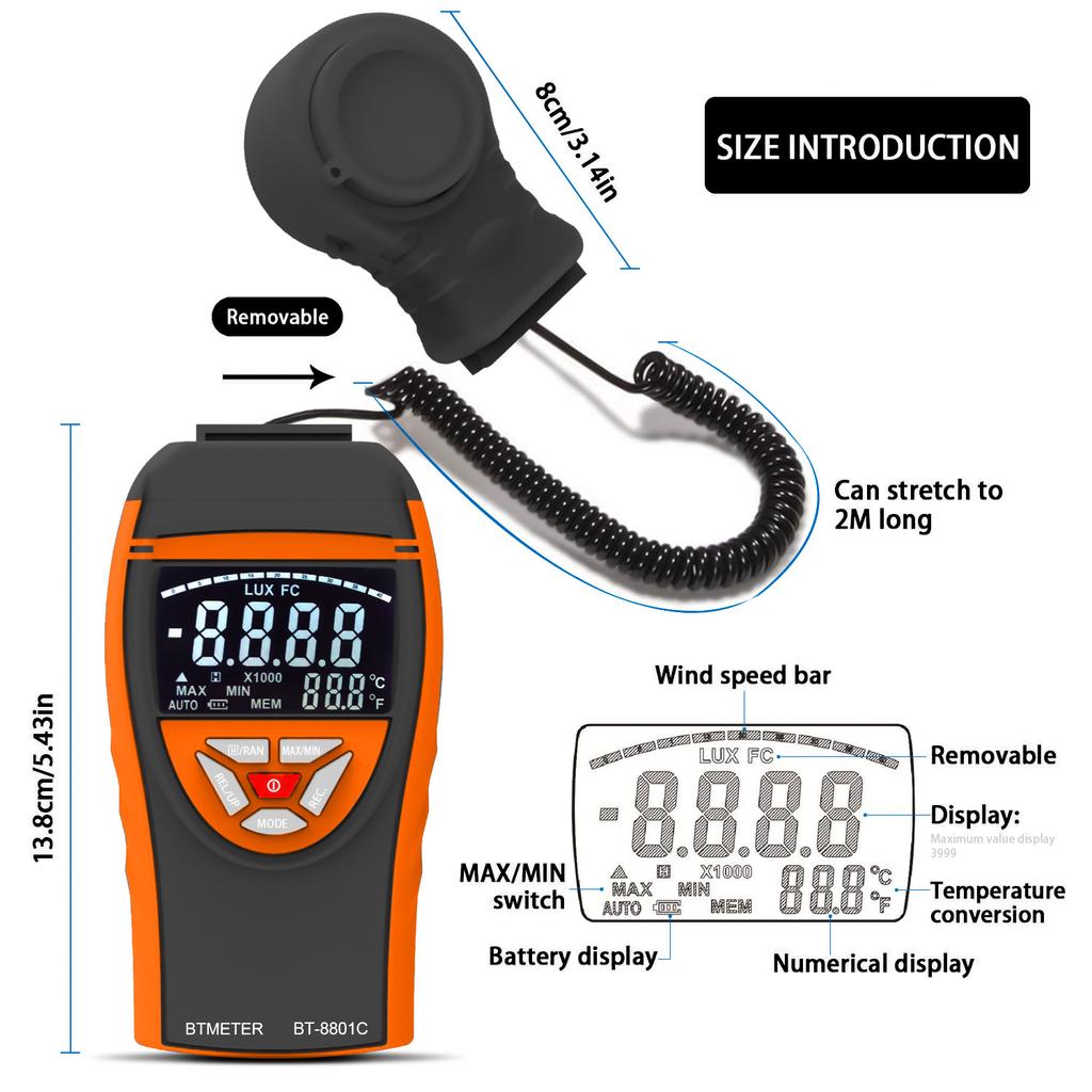Portable Design Digital Illuminance Meter, Measurement Range 1–400,000 Lux, Photometers Tester, Plant Growth Light Monitoring