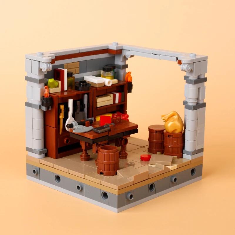 

MOC Середньовічний Конструкт Аксесуари Будівельні Блоки Вид Вулиці Будинок Меблі Книгарня Стіл Кухня Карта Цеглинки Друг Іграшка Подарунок