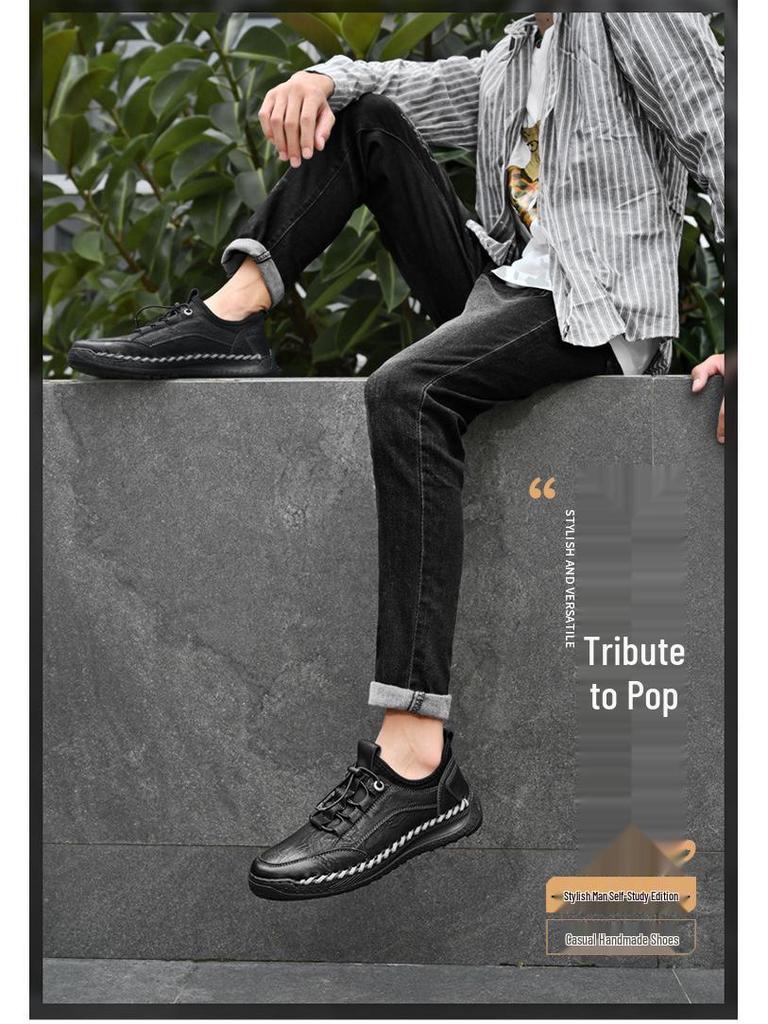 Men's Lazy Elastic Band Stitching Leather Shoes - Stylish Low-top Slip-On Sports Sneakers for Spring and Autumn.