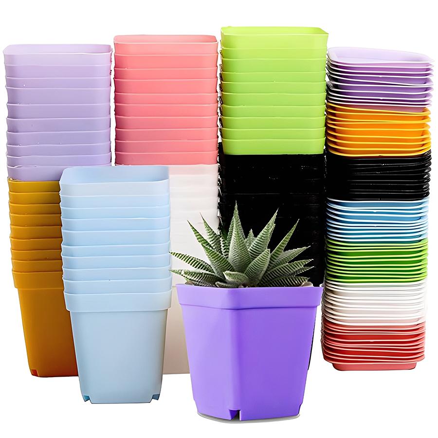 6pcs 7cm Plastic Square Flower Plant Pots with Tray Nursery Pot for Succulent Plant Home Office Desktop Gardening Balcony Decor