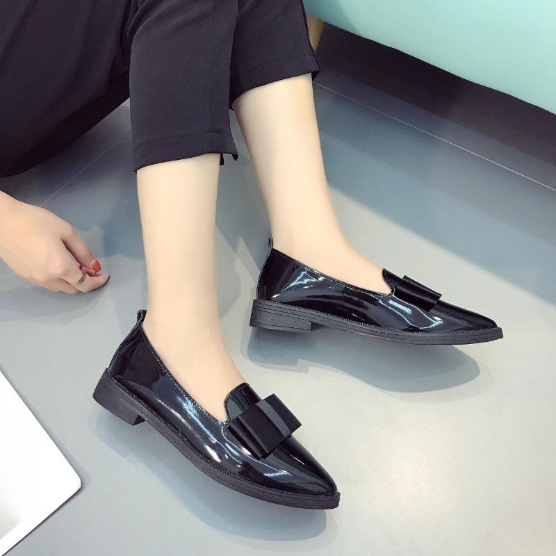 Patent Leather Pointed Toe Block Heel Low Top Fashion Bow Deep Mouth Soft Sole Anti-Slip Wear-Resistant Single