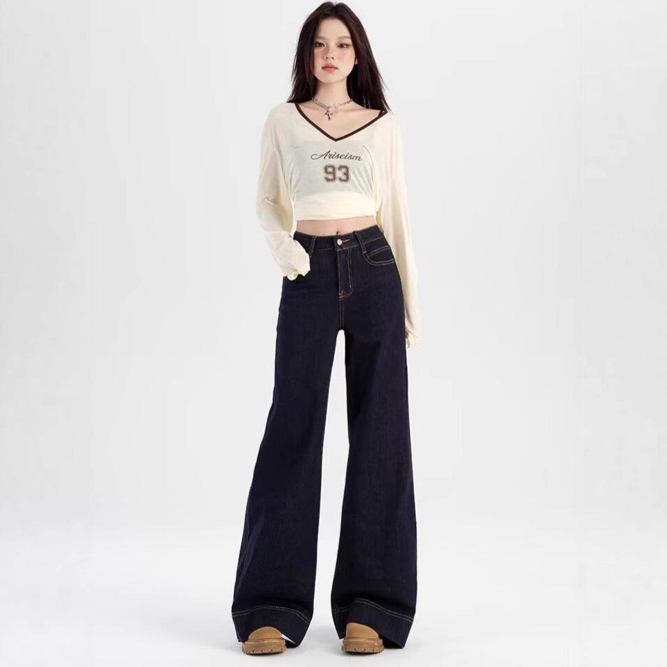 Women's High Waist Wide Leg Straight Jeans Non Stretch Dark Denim Trousers Vintage Washed Warm Fleece Lined Casual Japanese Korean Style Fall Bottoms