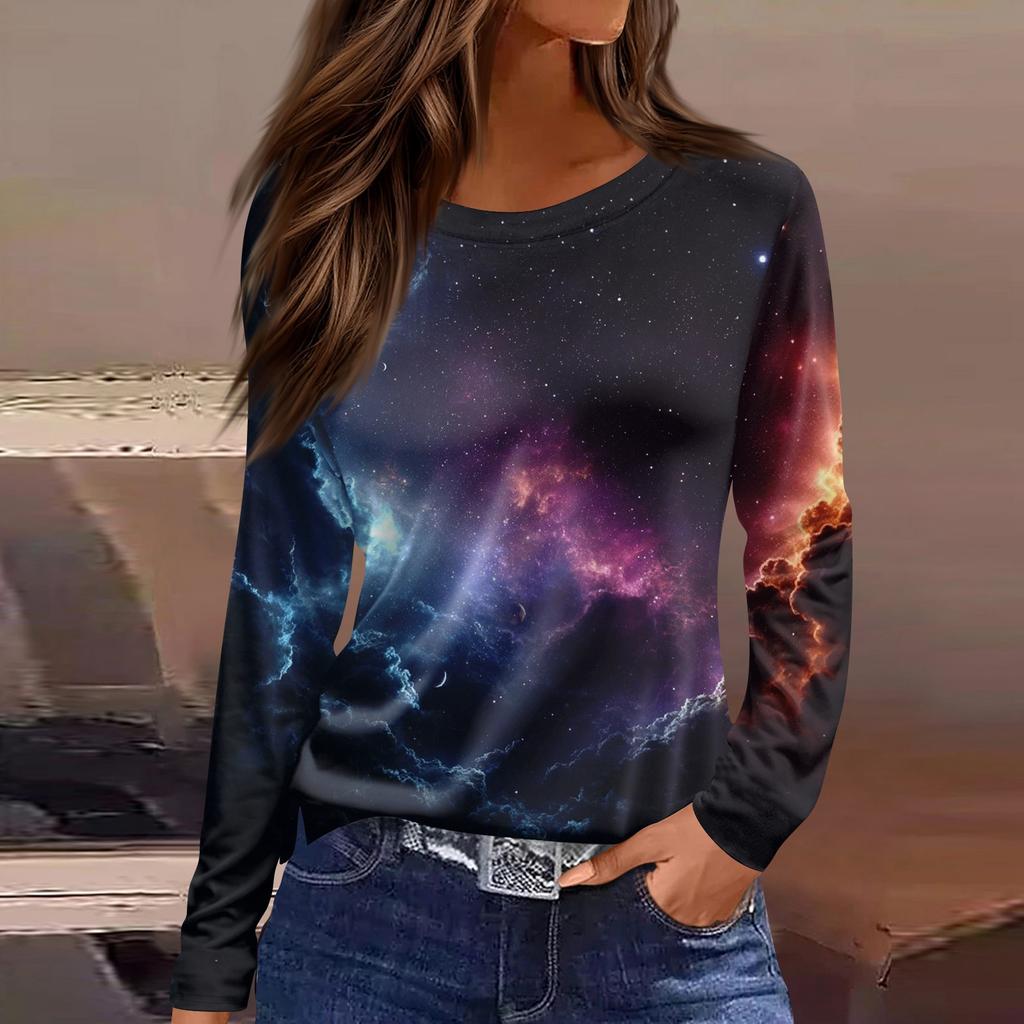 Women's Fashion Casual Slit Hem Round Neck Long Sleeve Loose Printed T-Shirt Ladies Top