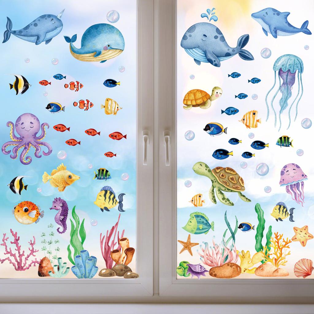 Ocean Theme Window Clings Watercolor Sea Animal Glass Stickers Under The Sea Party Window Decals for Home Office Party Decor