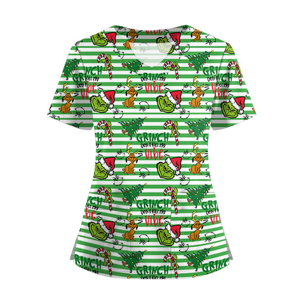 Damski T-shirt z krótkim rękawem z nadrukiem świątecznym, dekoltem w serek, zapinany na guziki z rozcięciem z boku