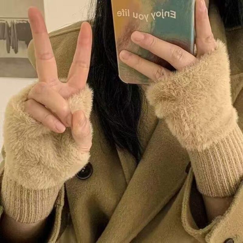 Mink Plush Plush Student Gloves Warm and Cold Gloves Female Winter Female Black and White Cute Office Half Finger