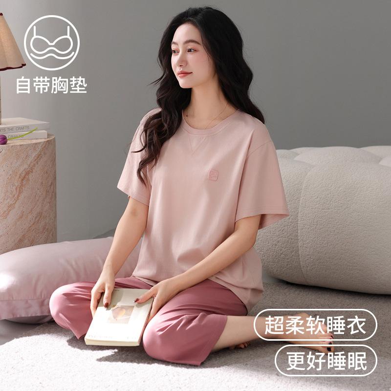 Pajamas with chest pads, women's summer modal short-sleeved cropped pants, summer thin cool cotton and silk loungewear set