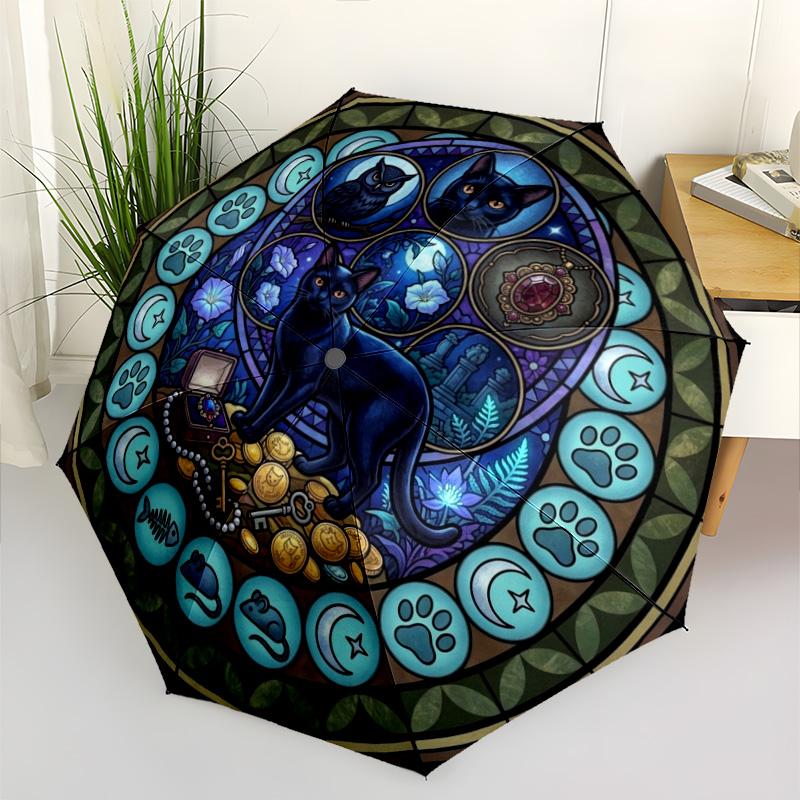 Night Cats Treasure pattern umbrella, portable and foldable design, 8 ribs, a casual accessory for Halloween, Christmas, and birthday gifts.