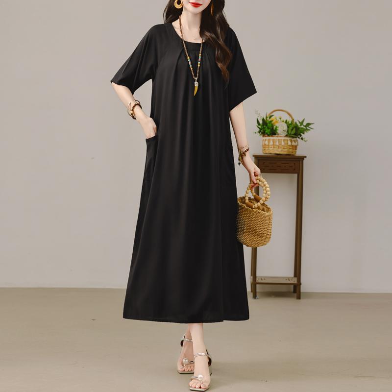 Women's Plus Size Maxi Dress, Boho Print Loose Short Sleeve Casual Dress with Pockets (XL-5XL)