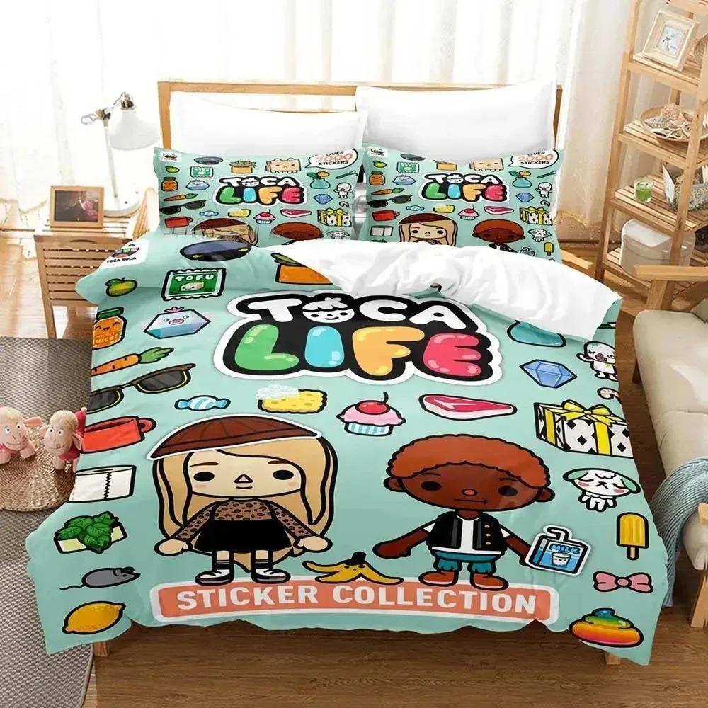 Jogo de desenho animado Toca Life World Conjunto de cama Capa de edredom Conjunto de cama Capa de edredom Fronha Edredom King Queen Size Meninos Adultos