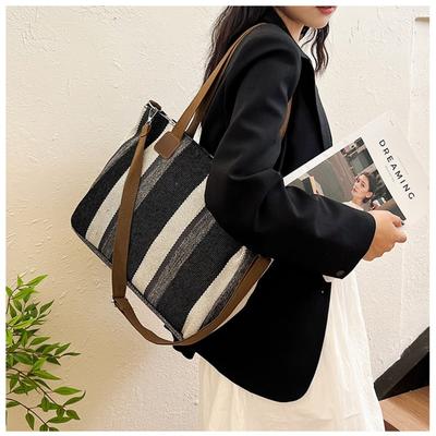 Sac fourre-tout grande capacité pour femme Sac bandoulière rayé en toile 2026 Nouveau Tendance Polyvalent Sac d'épaule pour le travail