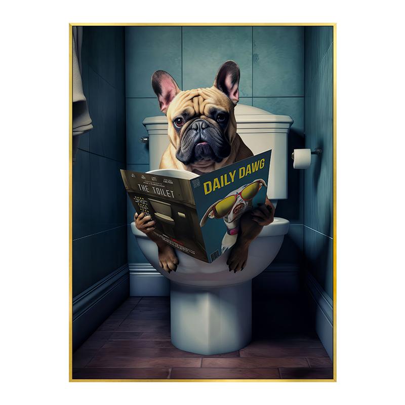 Zabawny plakat z krową szkocką, szympansem i psem Dekoracja toalety łazienki Zwierzę czytające gazetę Obraz na płótnie Sztuka ścienna Obrazy Dekoracja domu