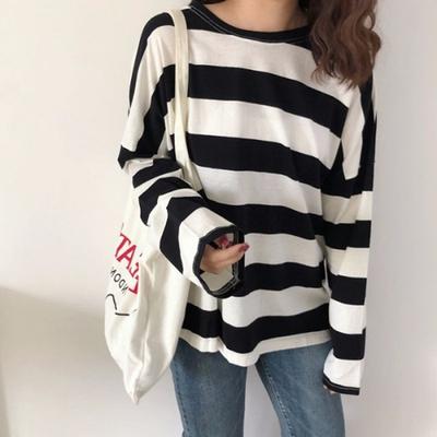 Women Striped Oversize T-shirt Chic Fashion 90s Full Sleeve Loose T-shirts Female Casual Tops Clothes Street Wear T Shirt