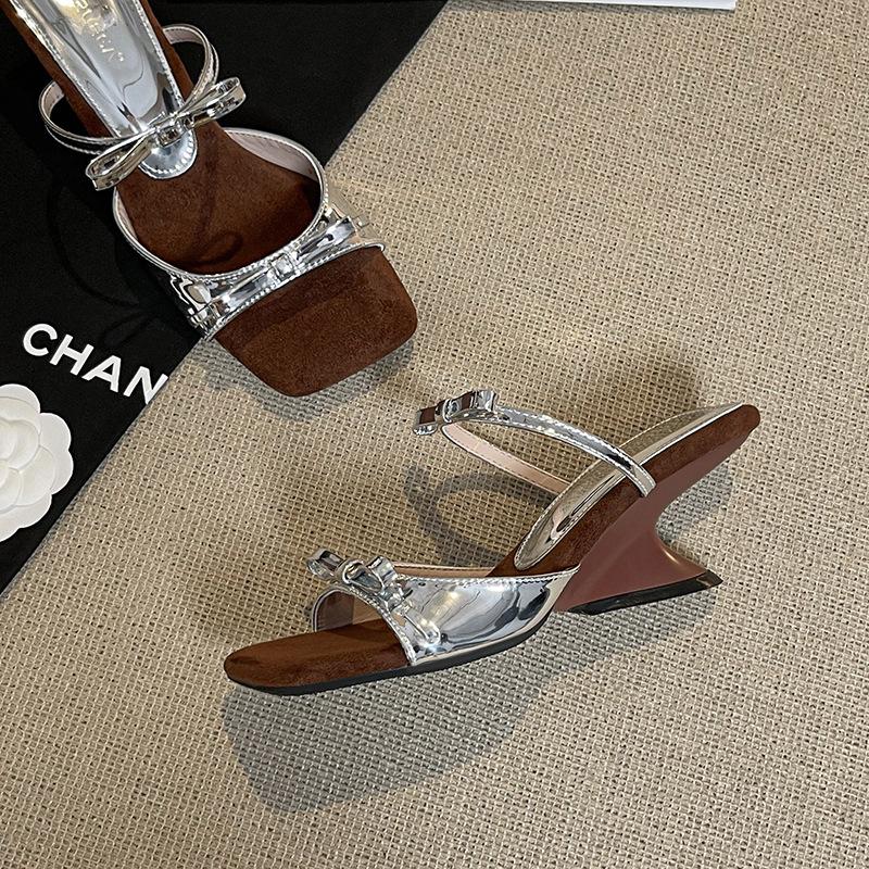 Silver bow wedge heel temperament sandals women's summer new high heel cool slippers women