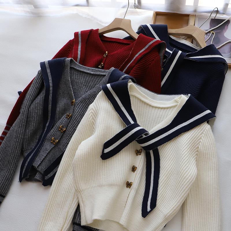 

[Bi Zheng] 2024 Autumn/Winter Women s Korean V-neck Color Block Knitted Cardigan and Shawl Set One Size серый