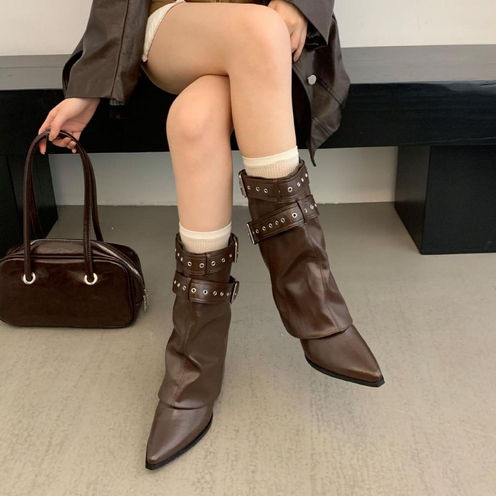 2025 autumn and winter new boots women's medium boots pointed belt buckle western trouser boots fried street tide boots