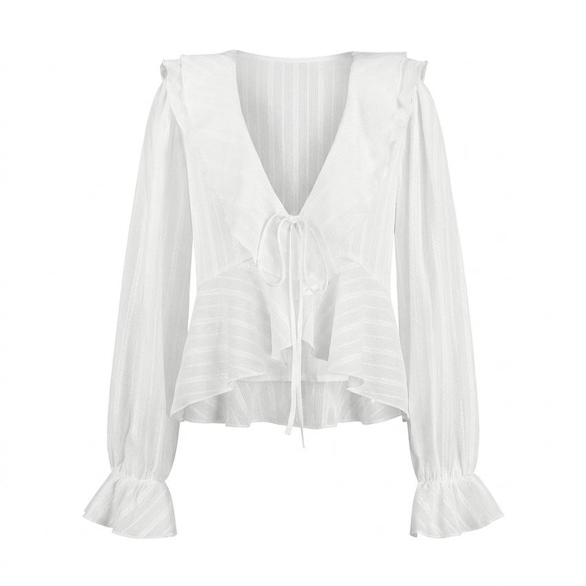 European and American Design Sense White Jacquard V-neck Shirt 1116 Autumn Cotton Long-sleeved Retro Loose Casual Women's Top