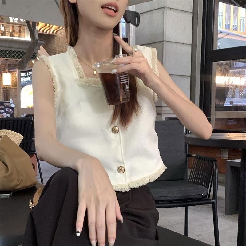 Summer French Style Sleeveless Tanks Stylish Tassel Spliced Female Clothing Basic Solid Color Elegant Square Collar Button Camis