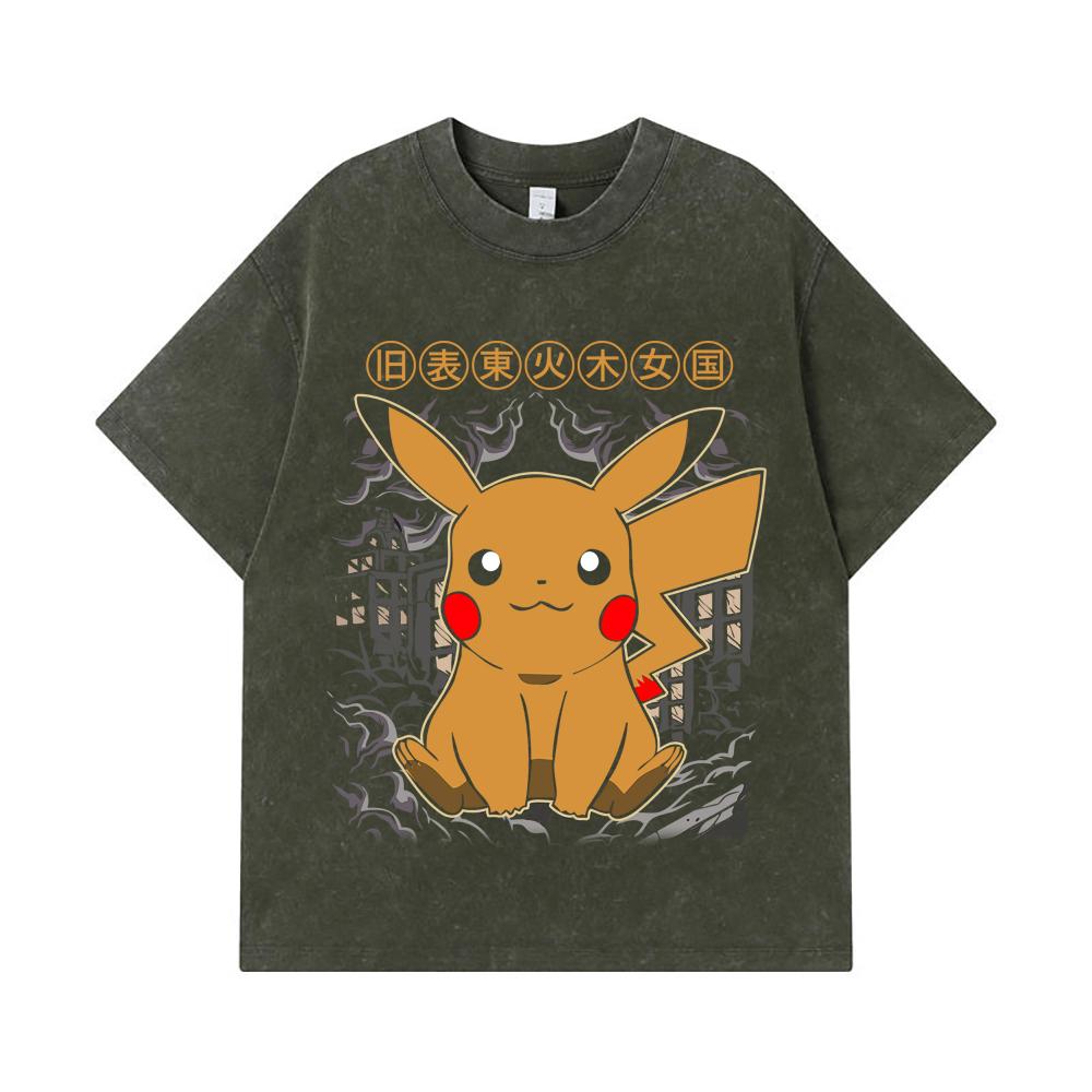 275 GSM Washed T-shirts 100% Cotton Pokemon V22 Pikachu Print Unisex Heavy Cotton T Shirt S