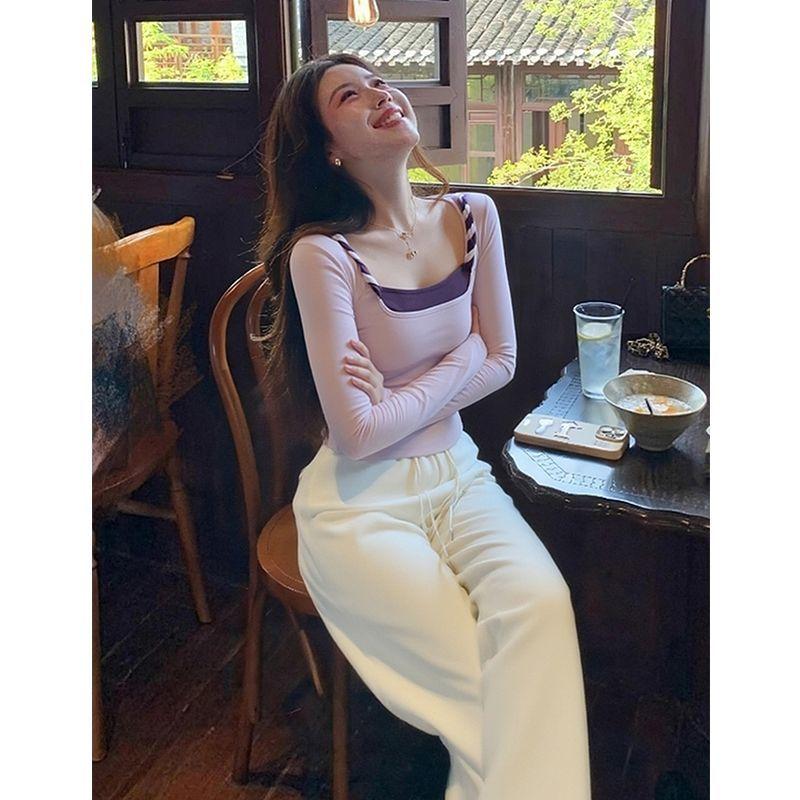 Women's French Fake Two-Piece Square Neck Long Sleeve Slim Top Beige Purple