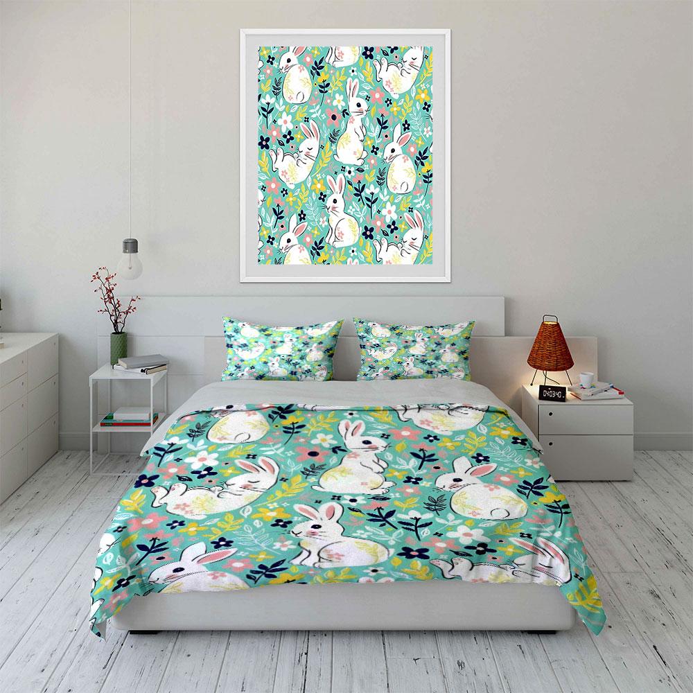 Cute Rabbits And Floral Pattern Printed Duvet Cover Set1 Duvet Cover+2 Pillowcasemulti Size Bedroom Bedding Decor Luxury Gifts