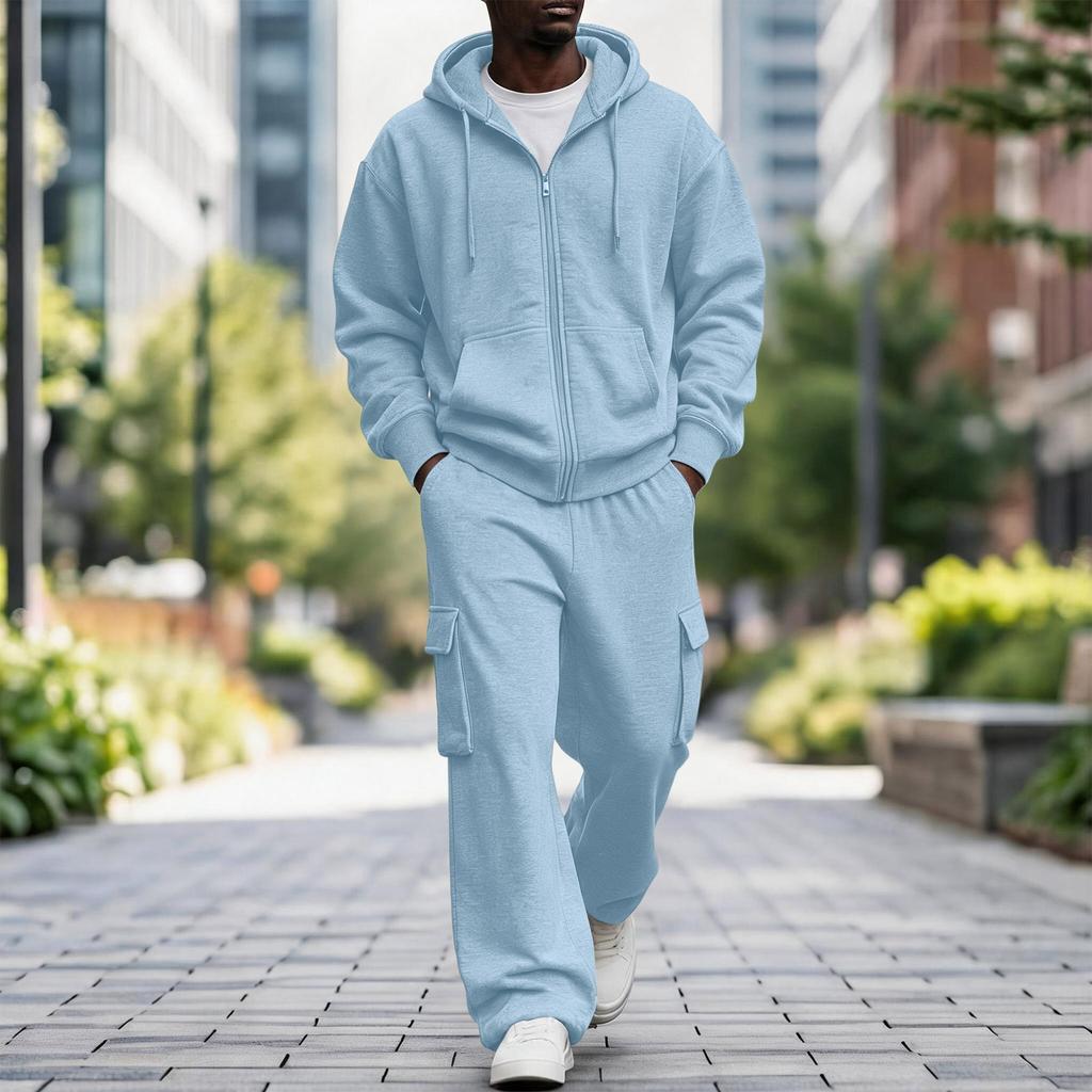 Ensemble de survêtement décontracté d'extérieur pour homme avec sweat à capuche zippé et pantalon cargo à taille élastique - Ensemble 2 pièces