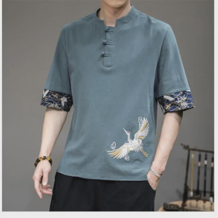 

Мужская летняя льняная футболка с вышивкой «Журавль» — свободный крой, короткие рукава, модный китайский стиль L: 100-115 Jin синий/серый