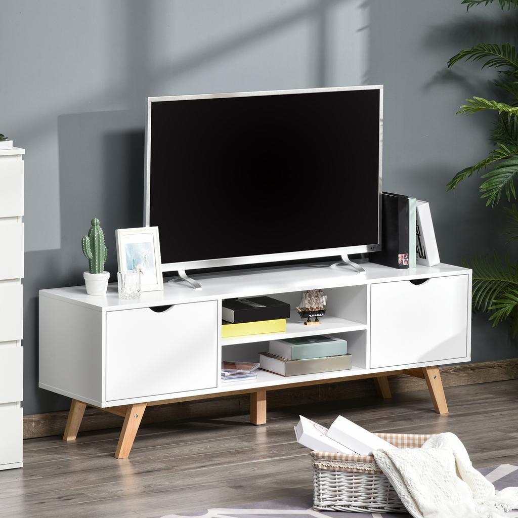 TV Stand Cabinet for TVs Up To 65", Media Unit w/Wood Legs Storage Shelves Entertainment Center Modern Living Room Home Furniture White