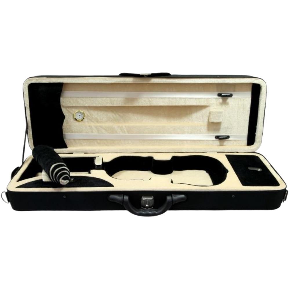 Rectangular or square violin case; a popular travel choice for violinists.