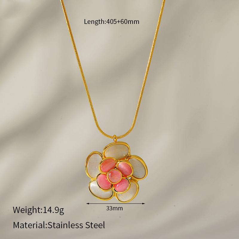 Fashion Cat s Eye Stone Enamel Colorful Flower Necklace Women s Snake Chain Gold Necklace