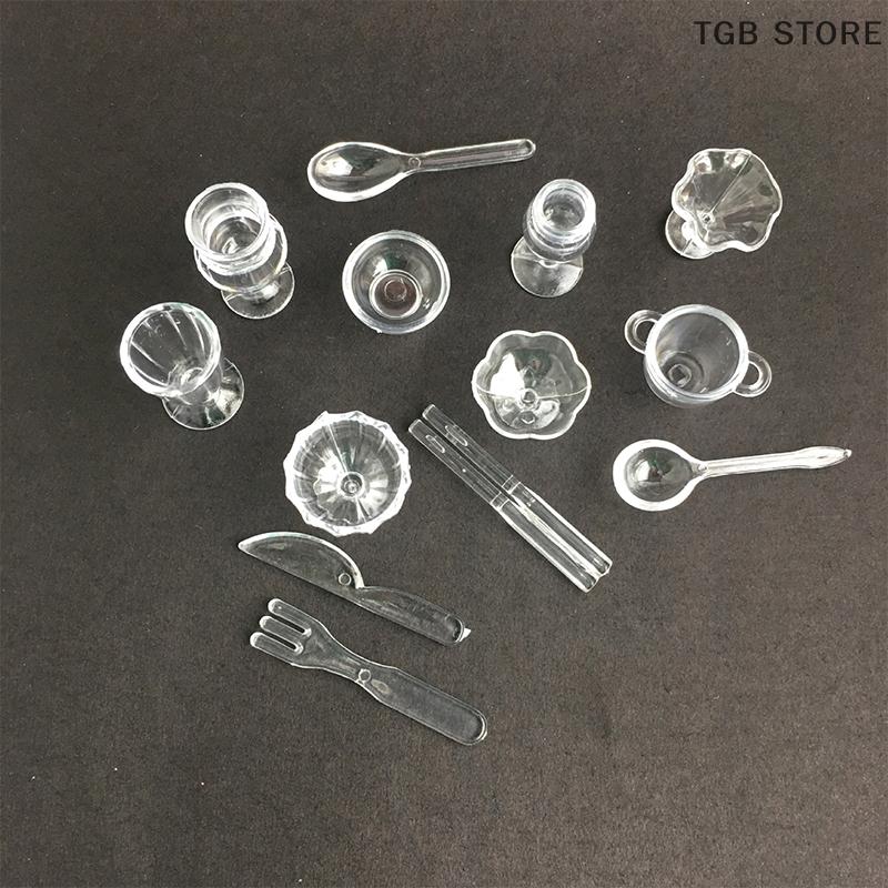 13Pcs/Set Mini Plastic Transparent Drink Cups Dish Plate Tableware Miniatures Kitchenware Toy  DIY Pretend Play Toy