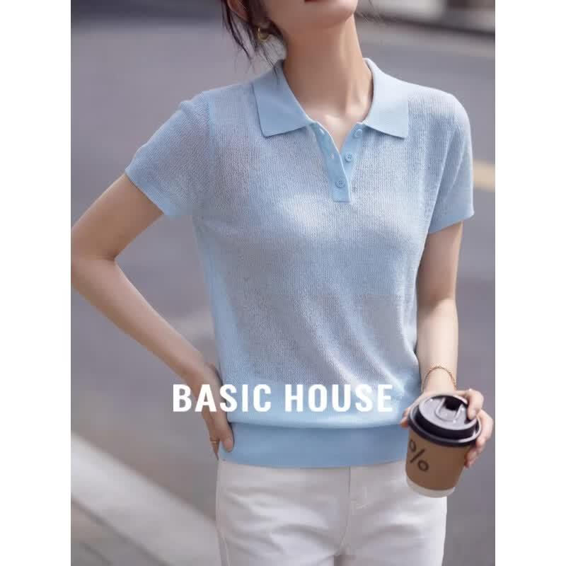 Basic House Women s Thin Tencel Linen Blend Polo Short Sleeve T-shirt One Size