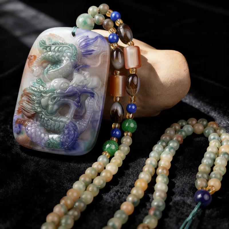 Versatile Rainbow Spotted Stone Carved Necklace Pendant Fortune Dragon Plaque Sweater Chain Fashion Jewelry Mother'S Day Gift