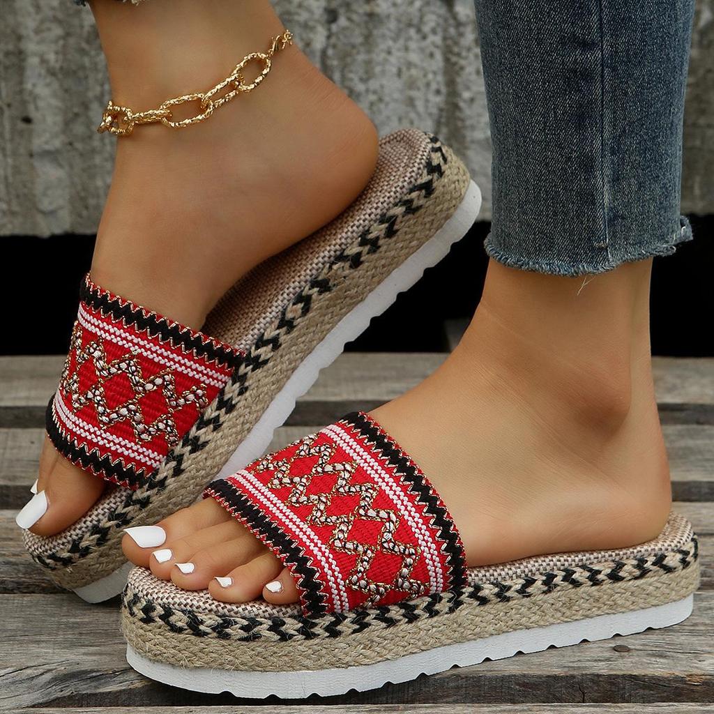 Plus-Size Ethnic Style Women's Thick-Soled Peep-Toe Rope Slippers In Candy Colors (2024)