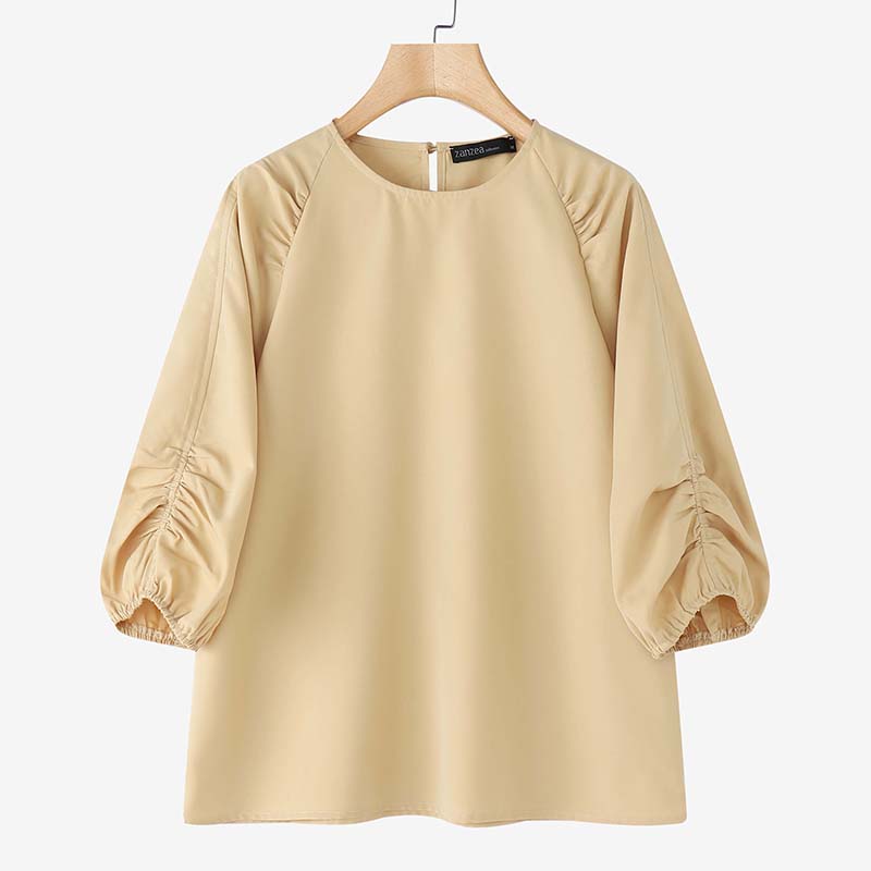 ZANZEA Women Casual Round Neck Solid Color 3/4 Sleeve Loose Blouse