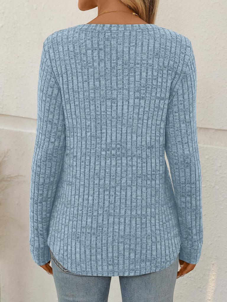 2025 Women's V-neck Ribbed Long-Sleeve T-shirt - Solid Color, Warm, Brushed Finish