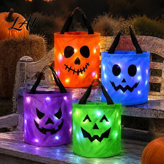 Große Vorratsbehälter für Süßigkeiten Halloween Leuchtende Kürbis-Tasche LED-Leuchtender Trick-or-Treat-Eimer Dekorative Behälter Süßigkeiten Wiederverwendbar Wasserdicht